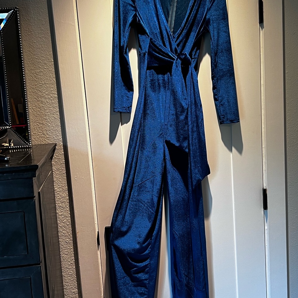 Elegant Blue Satin Jumpsuit with Wrap Design